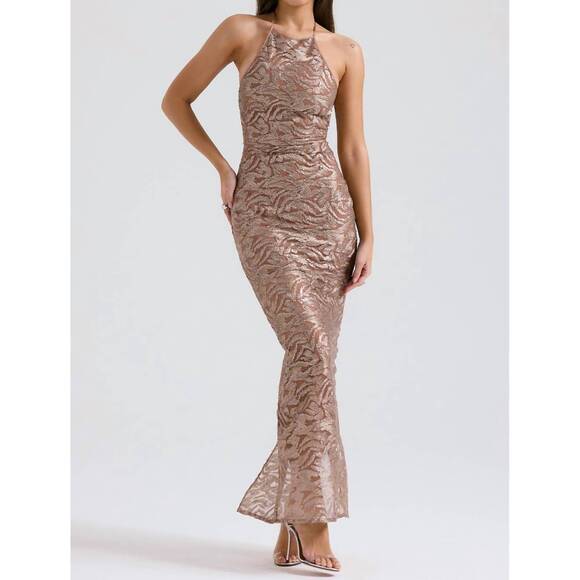 NEW HOUSE OF CB giada embroidered sequin gown in rose gold
